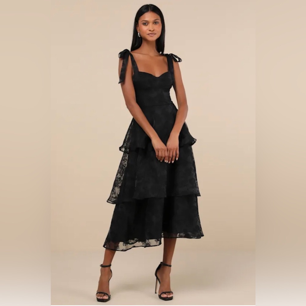Lulu's Black Tiered Midi Dress with Tie Straps